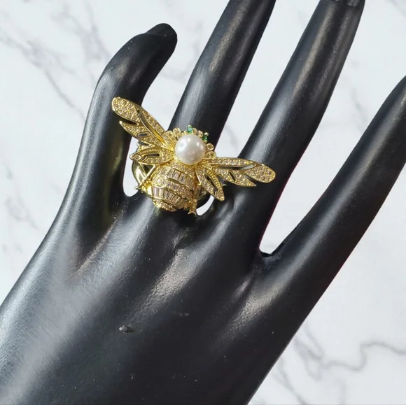 18k Gold Plated Bee Pearl Zircon Crystal Ring - Picture 2 of 4